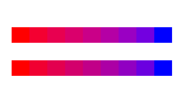 Two red to blue color rows computed with D65 and D50 Lab white points